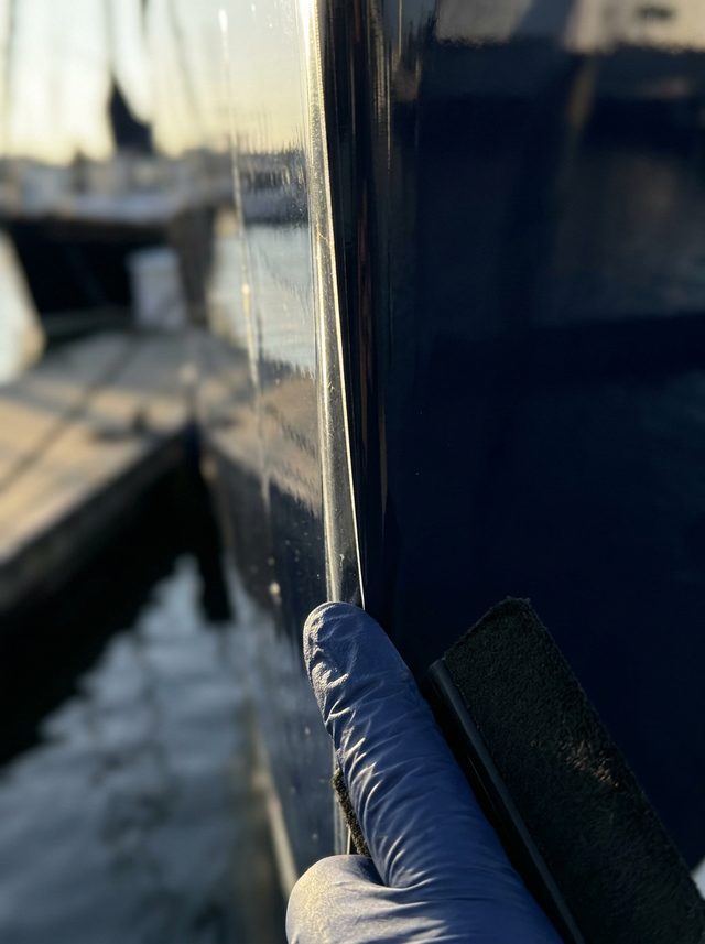 A PPF film edge laid with surgical precision onto a dark navy yacht hull
