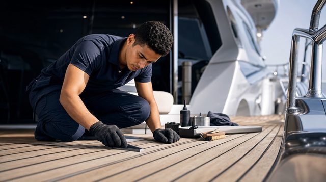 Egyptian marine technician carefully restoring and conditioning yacht interior surfaces