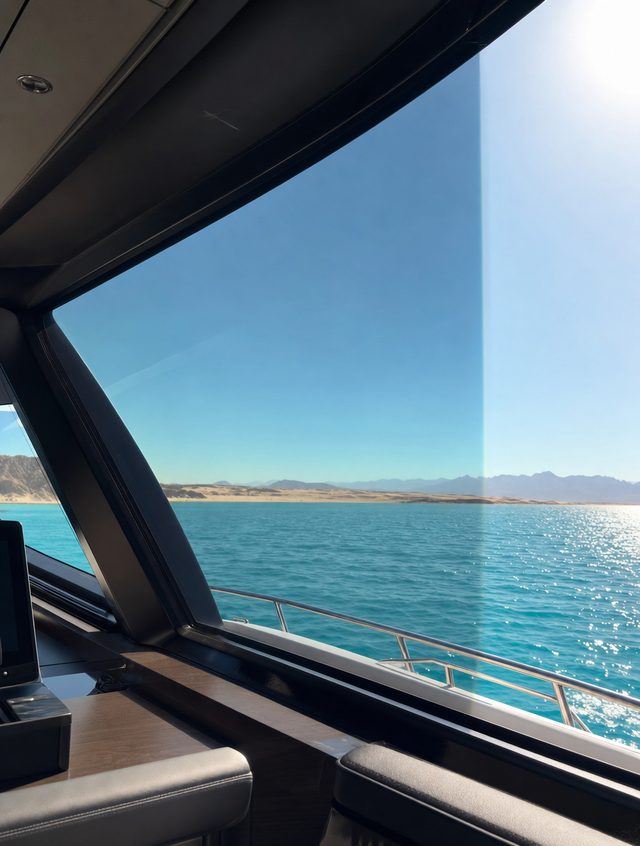Marine-tinted helm glass cutting glare while keeping a clear view of the Red Sea